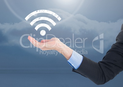 Open palm business hand in sky with wi-fi icon