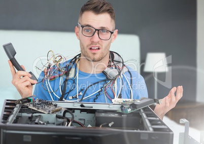 Stressed man with wires