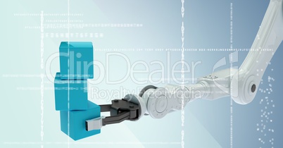 White robot claw holding blue boxes behind white interface against blue background