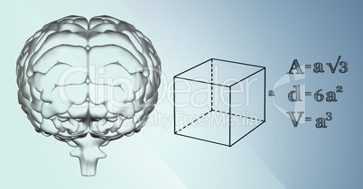 Transparent brain and black math graphics against blue background