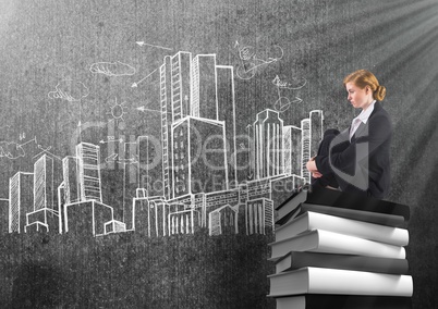 Businesswoman sitting on 3D Books stacked by city buildings drawings