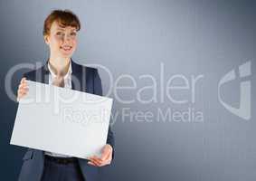Business woman with blank card against navy back