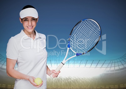 Tennis player against stadium with bright lights and blue sky