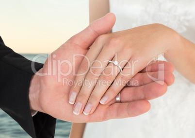 Wedding couple holding hands by sea