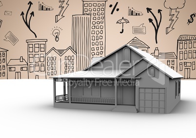 3D House against 2D city drawings on beige background
