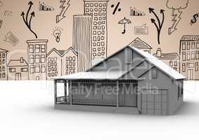 3D House against 2D city drawings on beige background