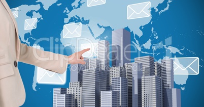 Hand pointing touching City with world map and emails