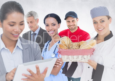 Business woman and man, doctor, chef and delivery man against white background
