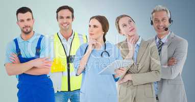 Business woman and call center man, doctor, handy man and builder against blue background