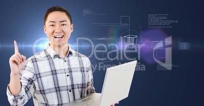 Happy man with laptop in his hands against futuristic intreface