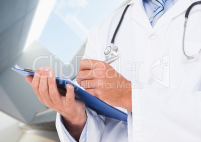 Doctor mid section with clipboard against blurry room