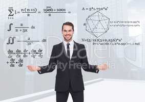 Man choosing or deciding math equations with open palm hands