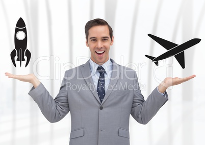 Man choosing or deciding plane or rocket with open palm hands