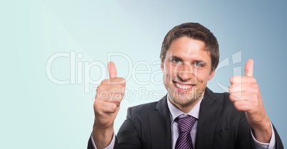 Business man two thumbs up against blue background