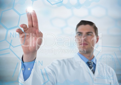 Man in lab coat pointing at blue medical interface with flare against grey background