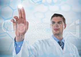Man in lab coat pointing at blue medical interface with flare against grey background