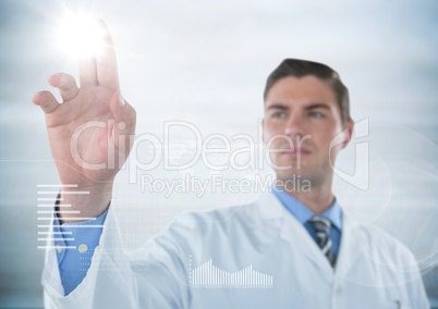 Man in lab coat touching flare with white interface against blurry grey background