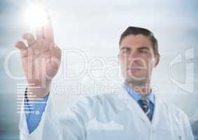 Man in lab coat touching flare with white interface against blurry grey background