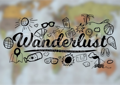 Black wanderlust doodles against blurry map