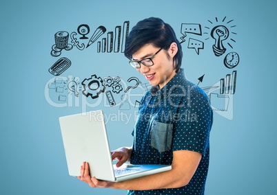 man with laptop with business graphics drawings