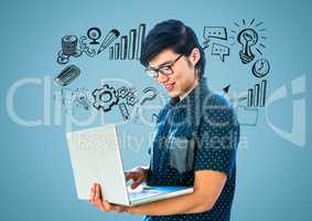 man with laptop with business graphics drawings