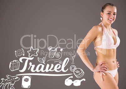 Woman in bikini with travel drawings and writing graphics