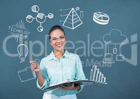 Woman with charts and technology graphics drawings