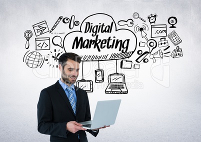 Businessman with digital marketing drawings graphics