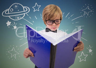 Kid with large book and white space doodles against blue green background