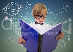 Kid with large book and white space doodles against blue green background