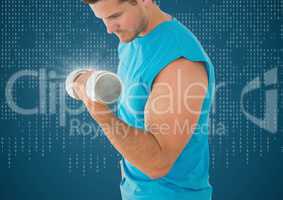 Man weightlifting with flare against blue background with white binary code