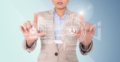 Business woman with white interface against blue background