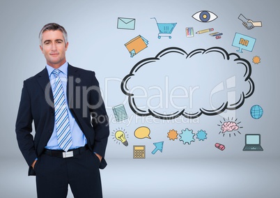 Businessman with cloud and online business graphic drawings