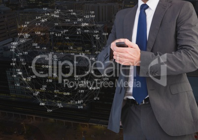 Businessman with phone against Night city with connectors