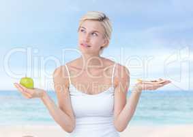 Woman choosing or deciding food with open palm hands