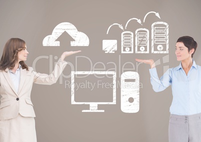 Two women with open palm hands against cloud computers icons