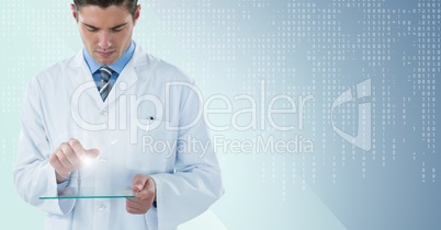 Man in lab coat looking down at glass device with flare against blue background with white binary co