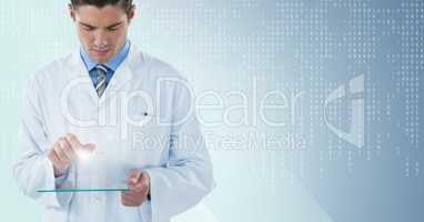 Man in lab coat looking down at glass device with flare against blue background with white binary co