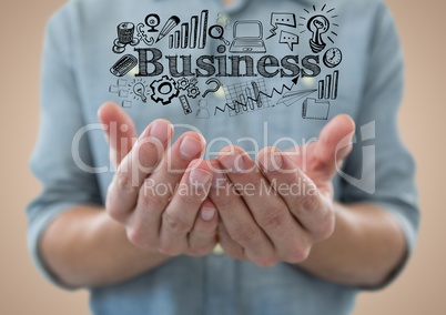 Man mid section with hands out and black business doodles against cream background