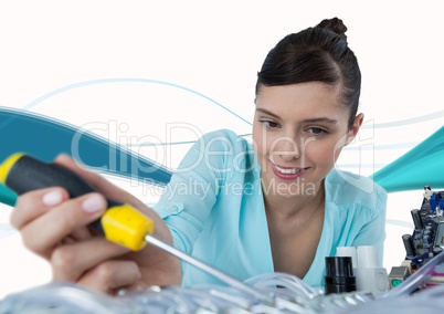 Woman with electronics and screwdriver against white background with blue waves