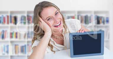 Woman with tablet in Library