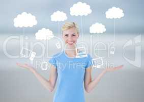 Woman choosing or deciding clouds hanging technology with open palm hands