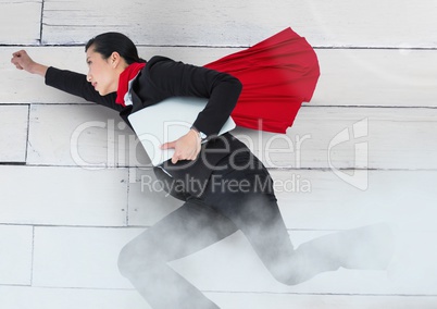 Business Superhero against wood with clouds