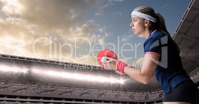 Table tennis player against stadium and sky with clouds