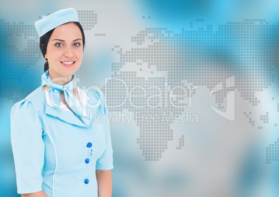Stewardess against blue map