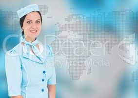 Stewardess against blue map