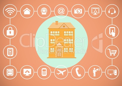 House illustration in blue circle with various icons technology