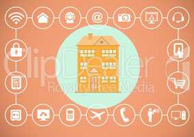 House illustration in blue circle with various icons technology