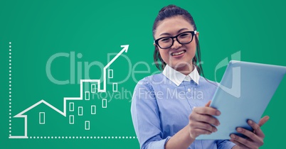 Woman with tablet against green background with white house graphic