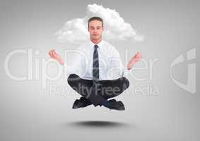 Businessman Meditating floating against grey background with cloud